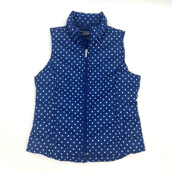 Lands' End Women's Size Small Down Puffer Vest Blue Full Zip White Polka Dots - Picture 3 of 8